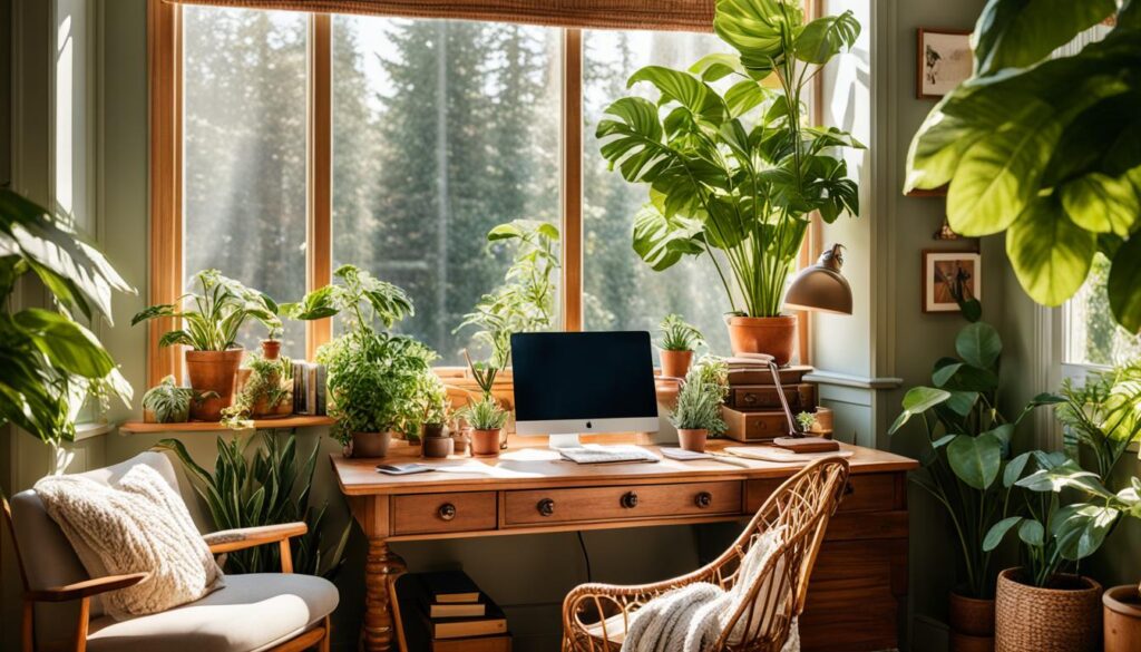 indoor greenery in a cottagecore home office