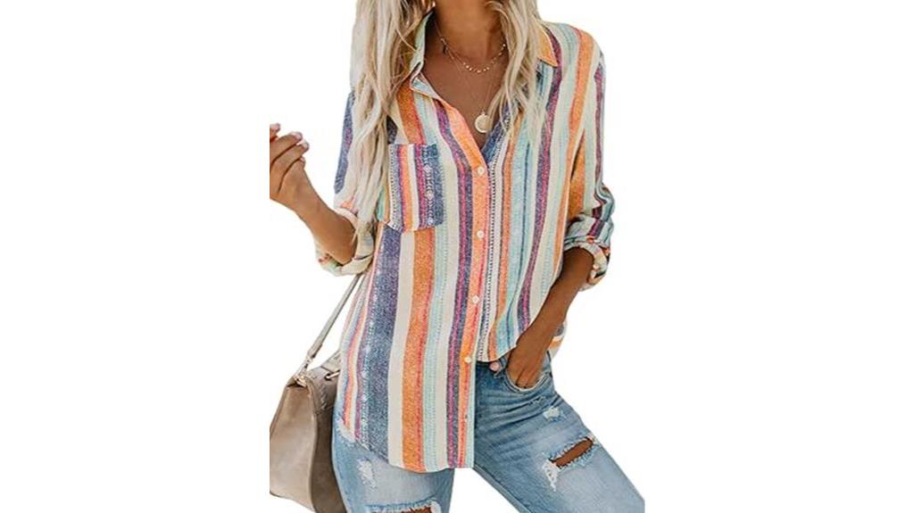 striped v neck button blouse