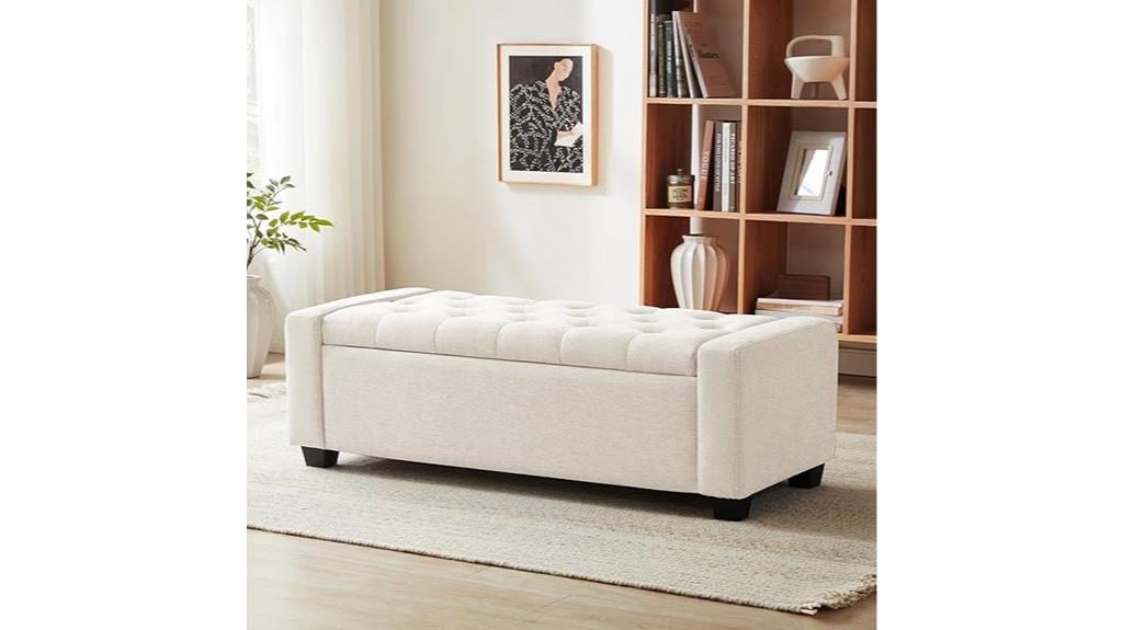 beige upholstered storage bench