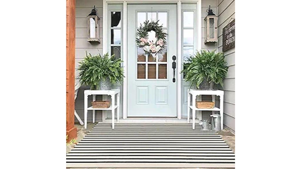 black beige striped outdoor rug