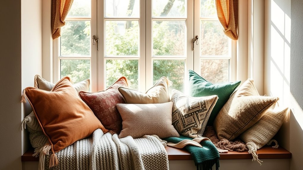 layered cushions and throws