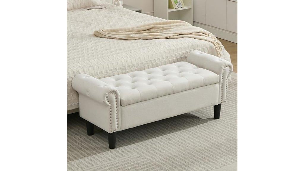 linen tufted storage bench