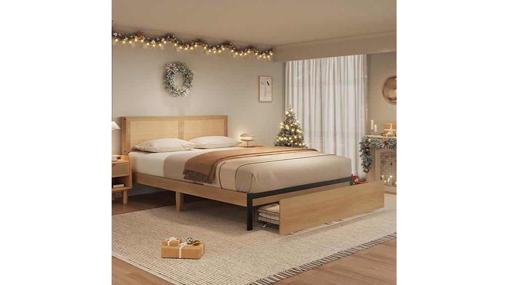 platform bed with rattan headboard