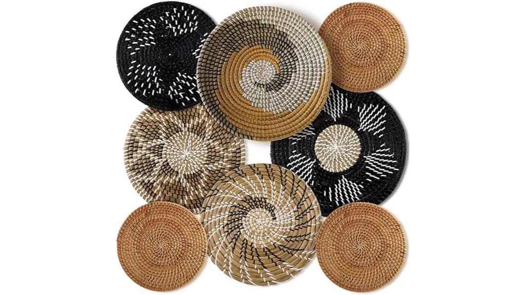 set of eight woven wall baskets