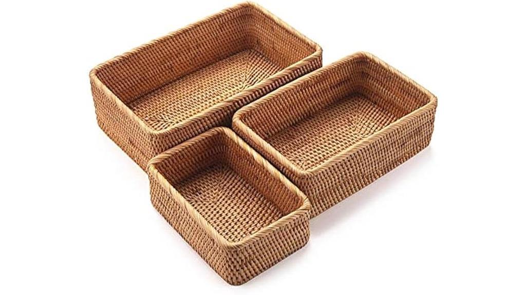 set of three rattan baskets