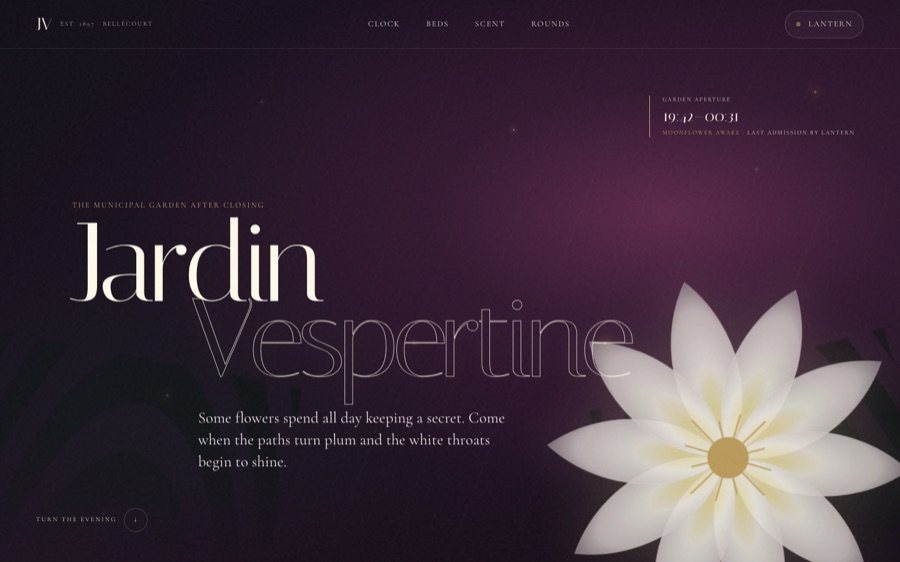 Jardin Vespertine — The Night-Blooming Garden — Time-gated SVG blooms (FABLE/175, room 157)