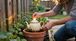 Gardener Turns An Old Teapot And Planter Into The Cutest Outdoor Light Feature